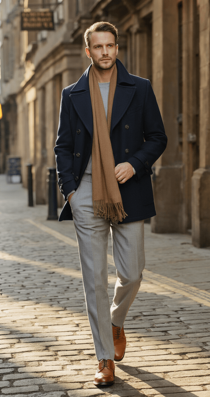 A confident man in a navy double-breasted peacoat and light grey wool trousers walks past a historic men's club on a late autumn afternoon, with yellow-gold light casting long shadows on the cobblestone street. A cashmere scarf in a subtle herringbone pattern adds texture, while architectural elements frame the scene from street level.