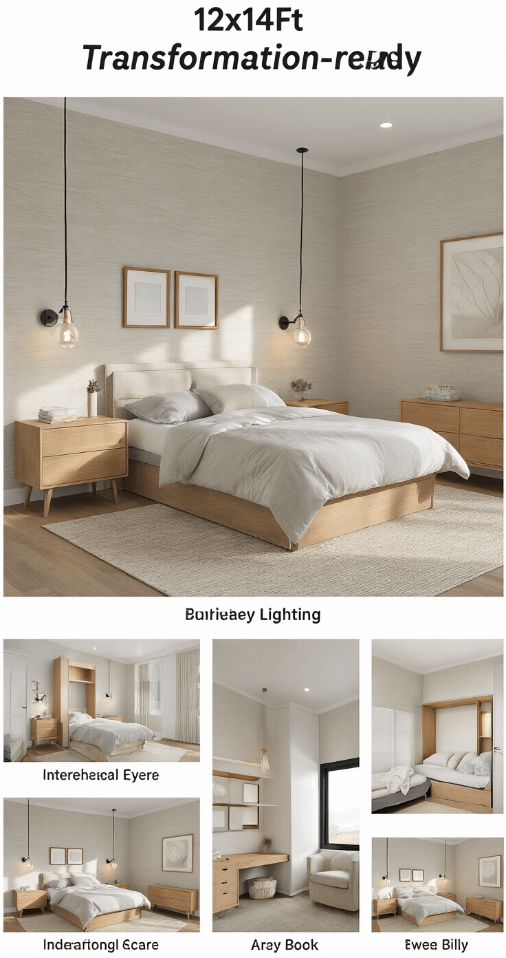 High-angle view of a transformation-ready bedroom featuring warm gray textured wallpaper, natural wood furniture, an innovative murphy bed system with a desk and storage, a gallery wall with magnetic frames, and layered lighting with recessed spots and adjustable sconces, all illuminated by morning light.