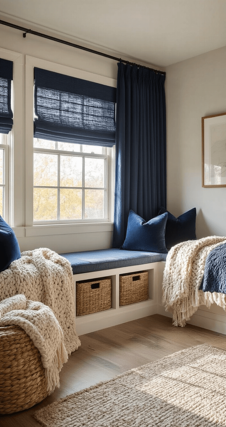 Cozy 10x12ft bedroom at sunrise, featuring textured chunky knit throws, velvet pillows, and woven baskets in earth tones. A built-in window seat with storage drawers is flanked by navy blue linen curtains, with morning light filtering through roman shades, casting warm patterns on hardwood flooring.