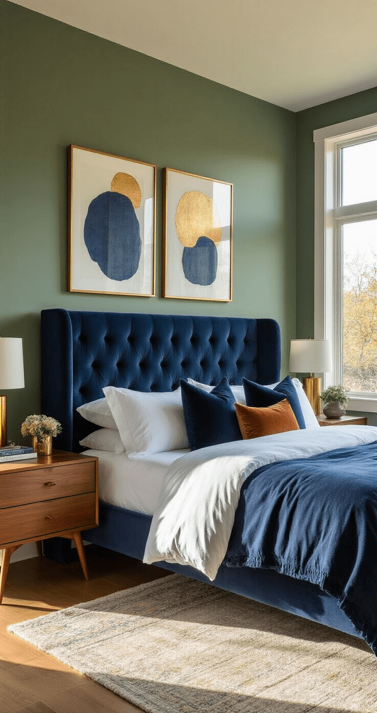 A spacious bedroom with a navy velvet tufted headboard against a sage green wall, featuring white linens and layered throw pillows, illuminated by golden hour sunlight through floor-to-ceiling windows; mid-century walnut side tables and oversized abstract artwork enhance the warm, inviting atmosphere.