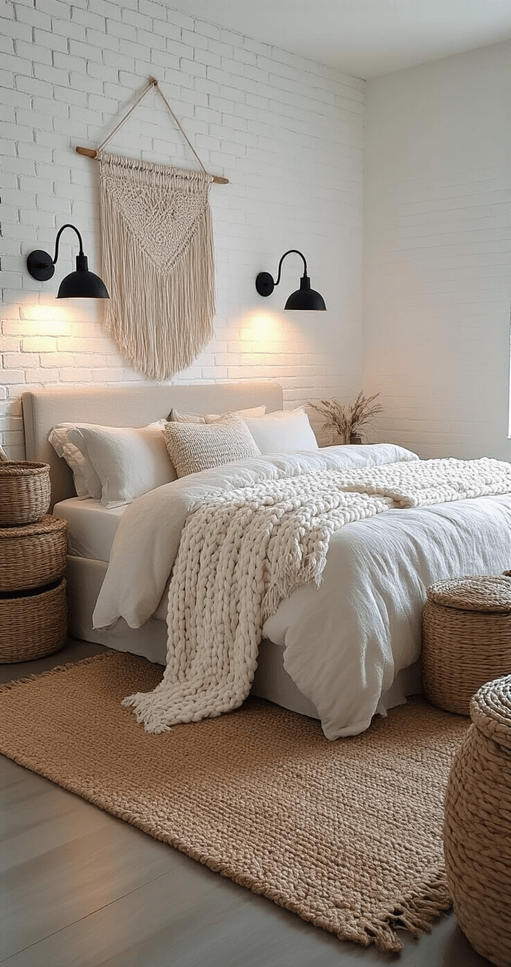 A cozy 12x12ft bedroom at twilight filled with textured decor, featuring a linen bed with a chunky knit ivory throw, woven water hyacinth baskets, and a handwoven jute rug. Soft lighting from matte black sconces illuminates whitewashed brick walls, accented by a macramé wall hanging, captured from a wide angle that highlights layers of natural textures.