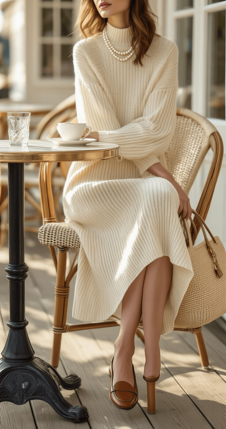 A woman sits at a bistro table on a Martha's Vineyard cafe terrace in early morning light, wearing a cream knit dress with subtle ribbing, classic leather loafers, and a pearl necklace. A structured straw bag leans against her chair, highlighting elegant simplicity and quality.