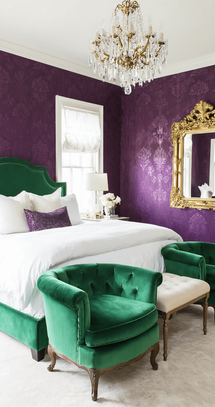Sun-drenched master bedroom featuring emerald green velvet accent chairs, deep amethyst wallpaper, and brass accessories, with a crystal chandelier illuminating pearl-white bedding and an antique gilt mirror, creating a symmetrical and grand ambiance.