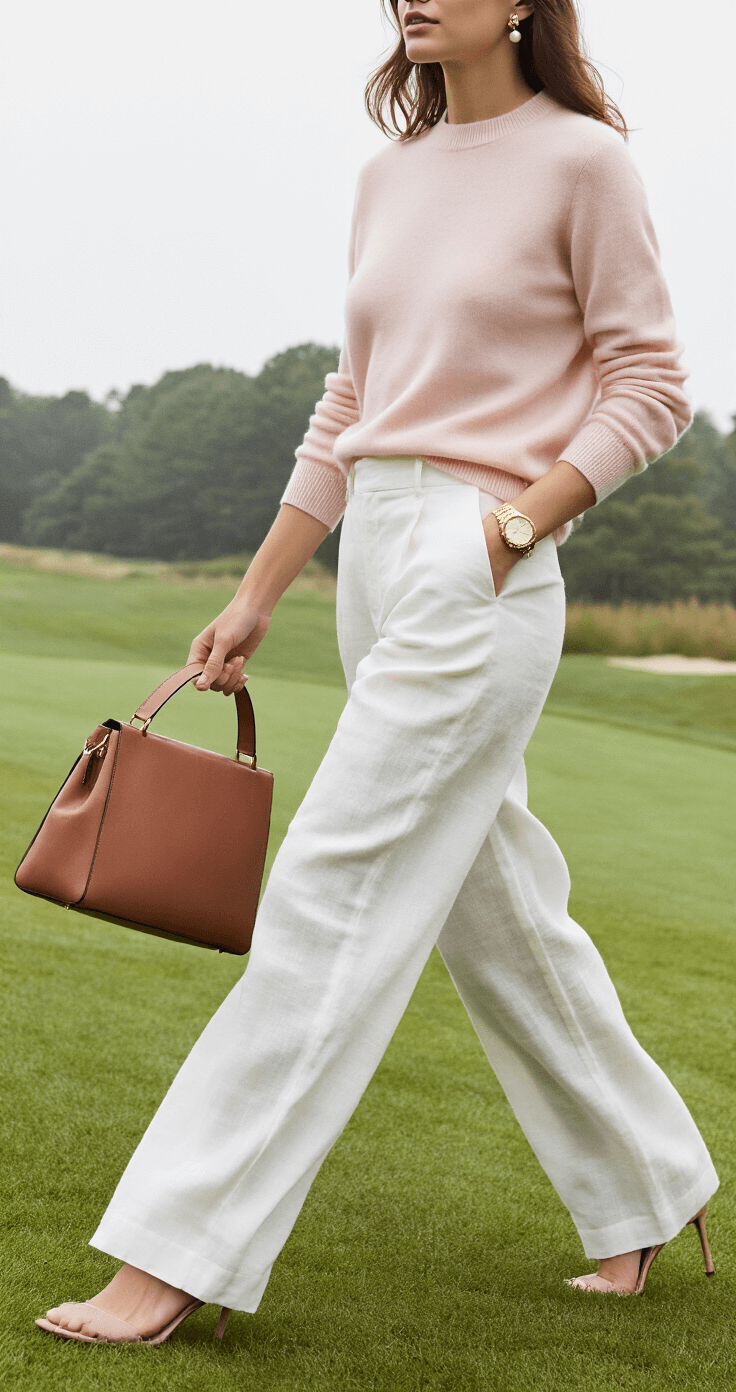 A woman in high-waisted white linen trousers and a fitted pale pink cashmere sweater strolls across manicured lawns at a Cape Cod country club, accessorized with pearl studs, a vintage gold watch, and carrying a structured leather top-handle bag, all under soft overcast light.