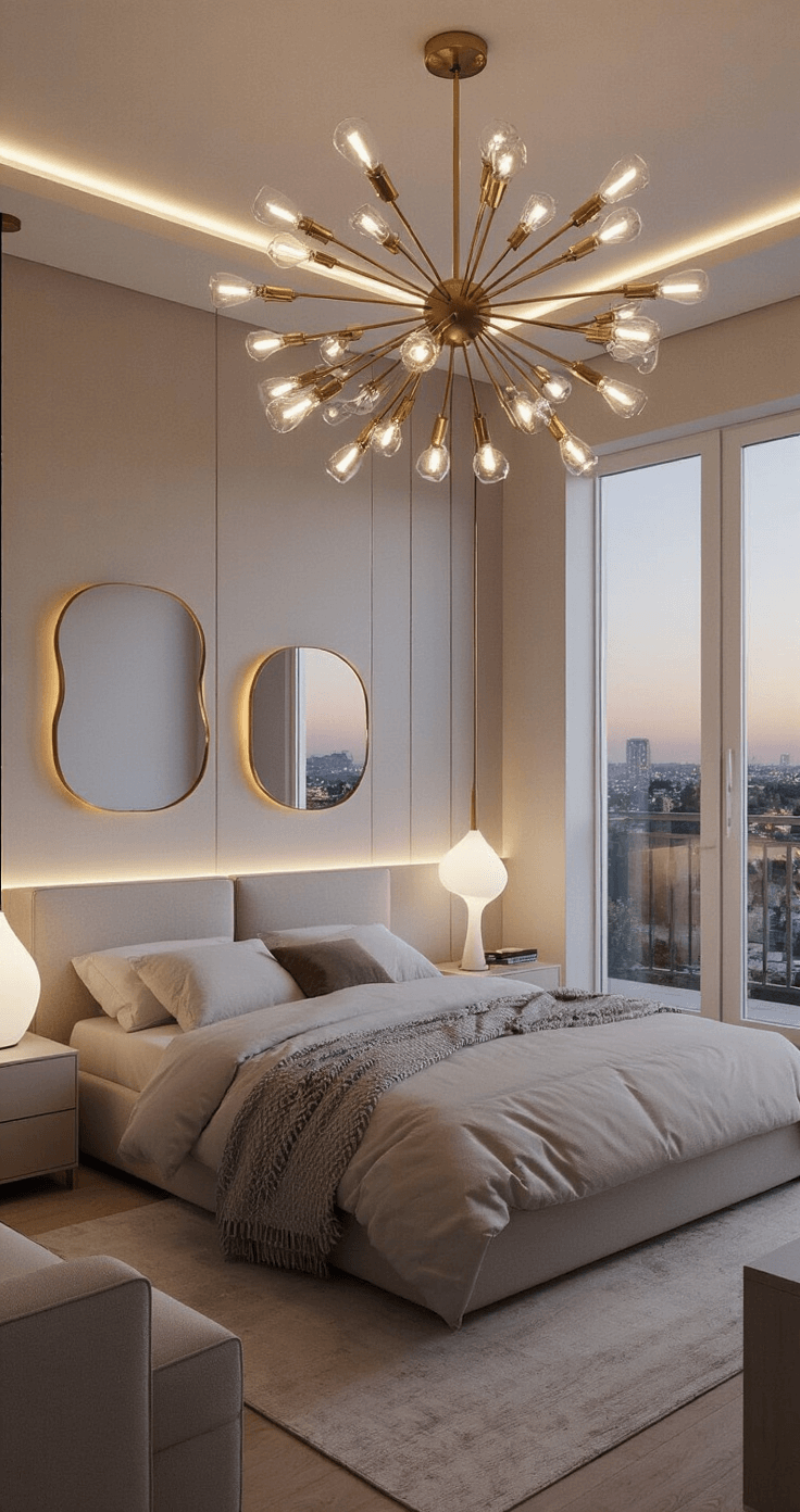 A contemporary bedroom viewed from above at dusk, featuring a modern sputnik chandelier, sculptural table lamps, and LED strips, with strategically placed mirrors in brass frames enhancing the layered lighting. The clean-lined furniture in greige tones complements the sophisticated ambiance, showcasing multiple dimmable light sources.