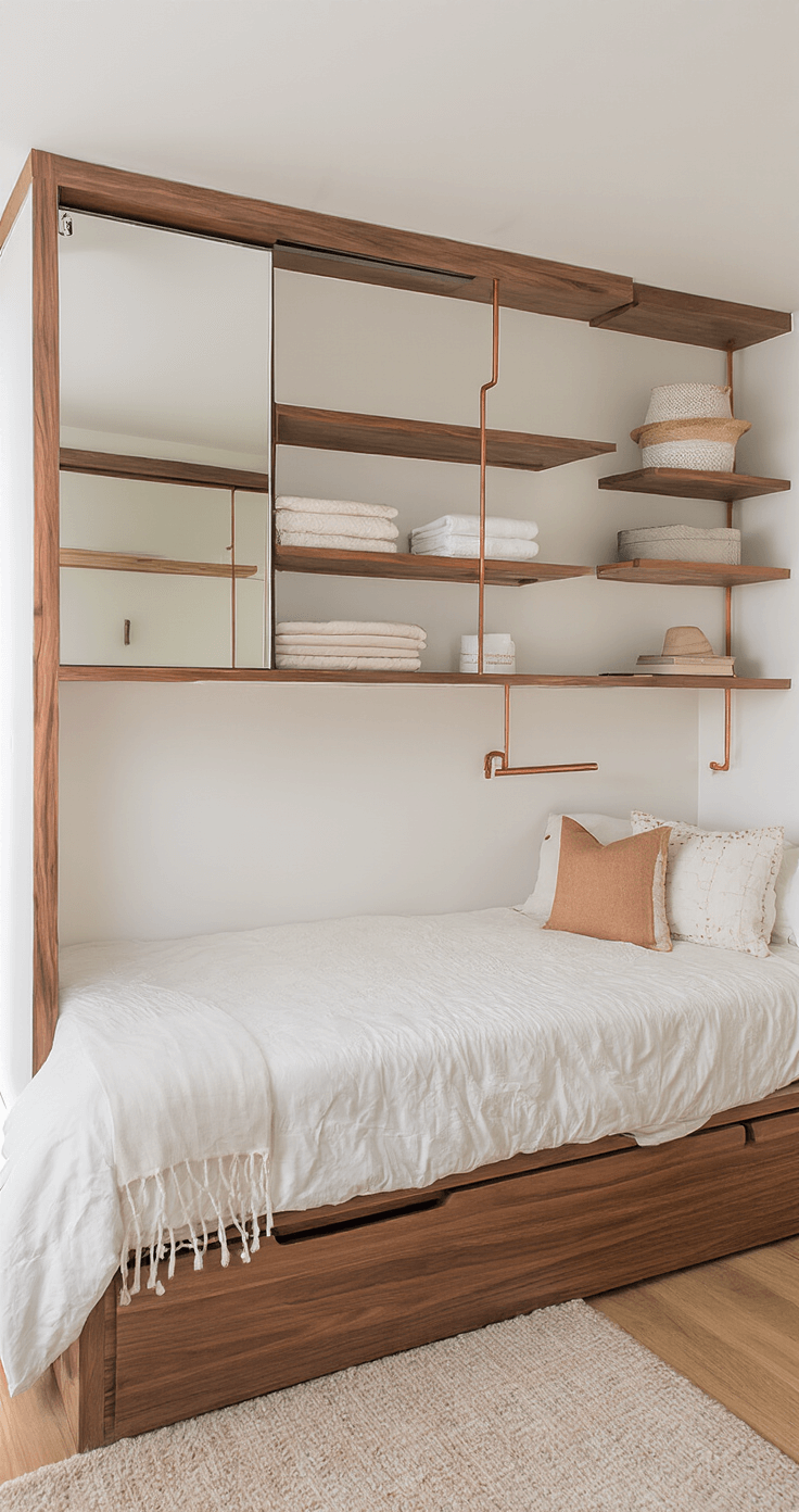 Compact 10x12ft bedroom with a platform bed and integrated storage, framed by floating walnut shelves, featuring mirrored sliding closet doors and minimalist décor in warm neutrals with copper accents, shot from an elevated corner angle to emphasize space efficiency.