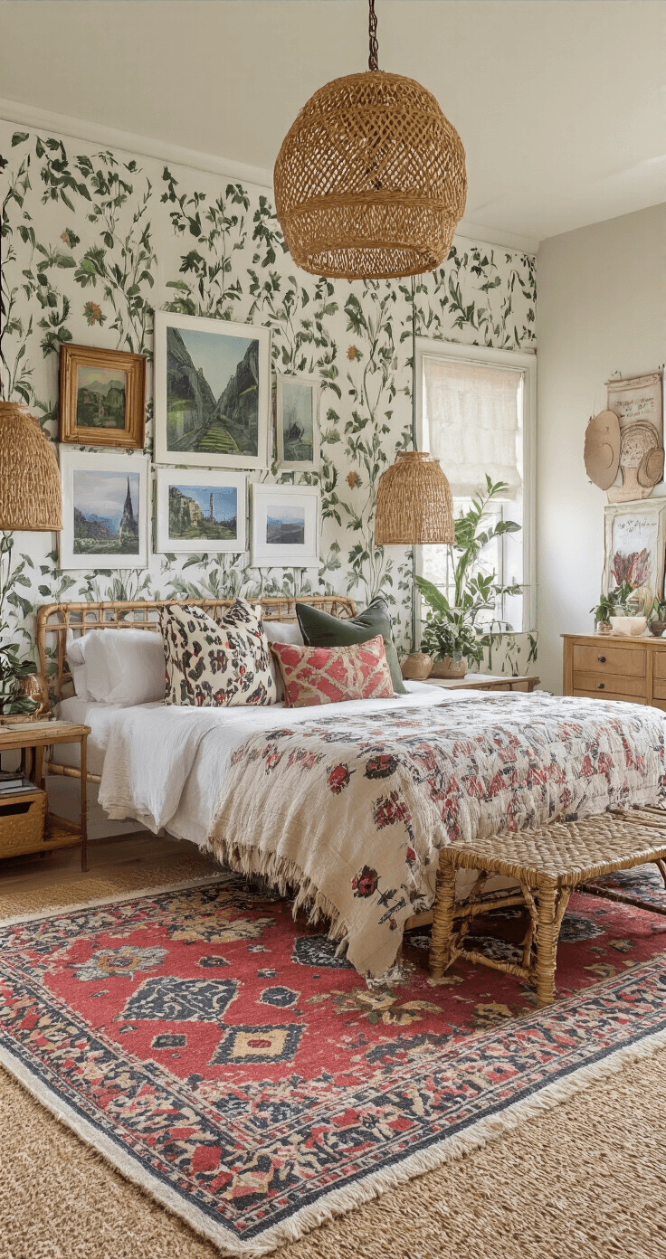 Eclectic bedroom featuring a Moroccan rug layered over sisal, botanical wallpaper, geometric throw pillows, a gallery wall of vintage items and travel photography, and a rattan pendant light creating intricate shadows, all captured in natural light.