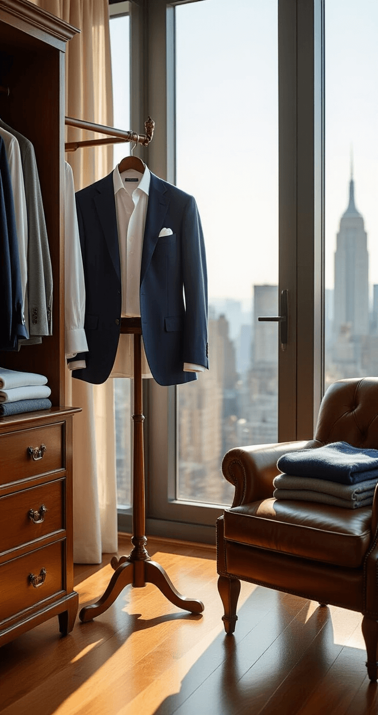 Luxury Manhattan penthouse dressing room bathed in morning sunlight, featuring a navy blazer on a wooden valet, pressed shirts, grey trousers, cashmere sweaters in a vintage leather armchair, and a polished mahogany dresser with leather watches and cufflinks.