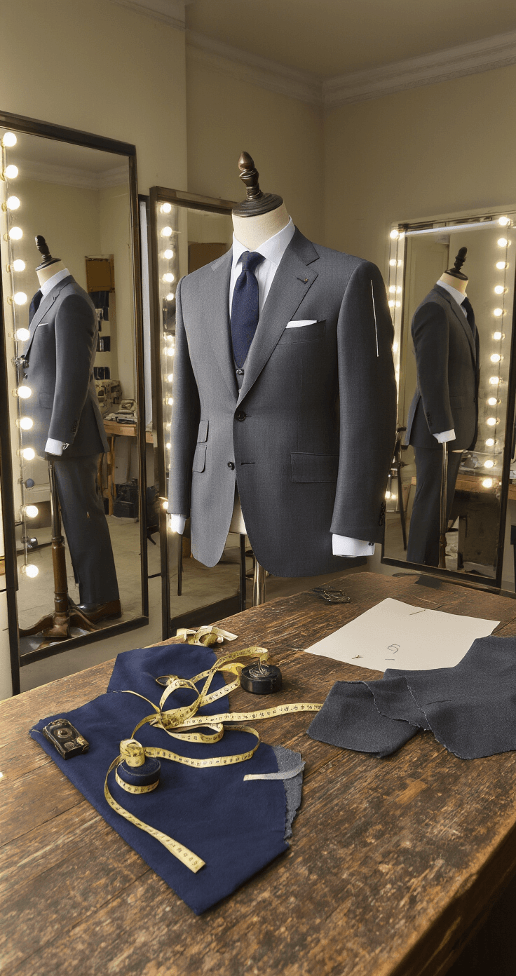 A male model being fitted for a bespoke grey suit in a sophisticated tailor's studio, surrounded by triple mirrors and illuminated by soft lighting that highlights chalk markings and pins on the suit. Vintage measuring tapes and fabric swatches in navy and grey tones are scattered on a weathered wooden workbench, with a focus on the detailed handwork and premium wool texture.