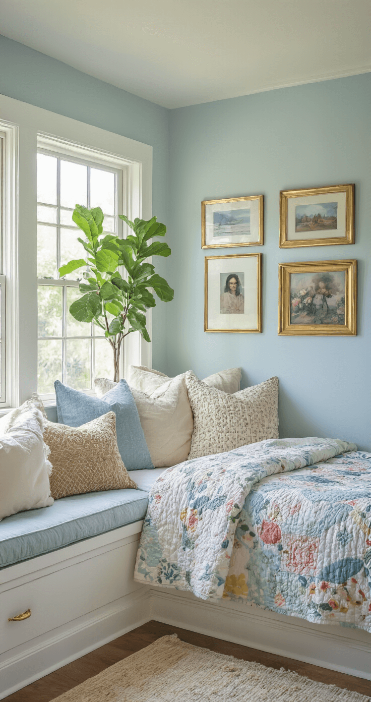 A serene 14x14ft bedroom bathed in soft morning light, featuring pale blue walls and white trim. The room includes family photos in brass frames, handmade quilts, a potted fiddle leaf fig, and a cozy window seat adorned with vintage pillows, captured from a sitting area angle to highlight intimate details.