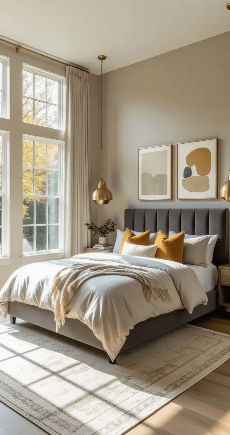 Contemporary bedroom featuring a king-size platform bed with charcoal velvet headboard, dressed in stone grey linen and cream cashmere, accented by mustard yellow pillows. Warm greige walls and floor-to-ceiling windows bathe the space in natural light, highlighted by asymmetrical brass pendant lights and abstract art. Shot from a low corner angle, emphasizing texture and depth.