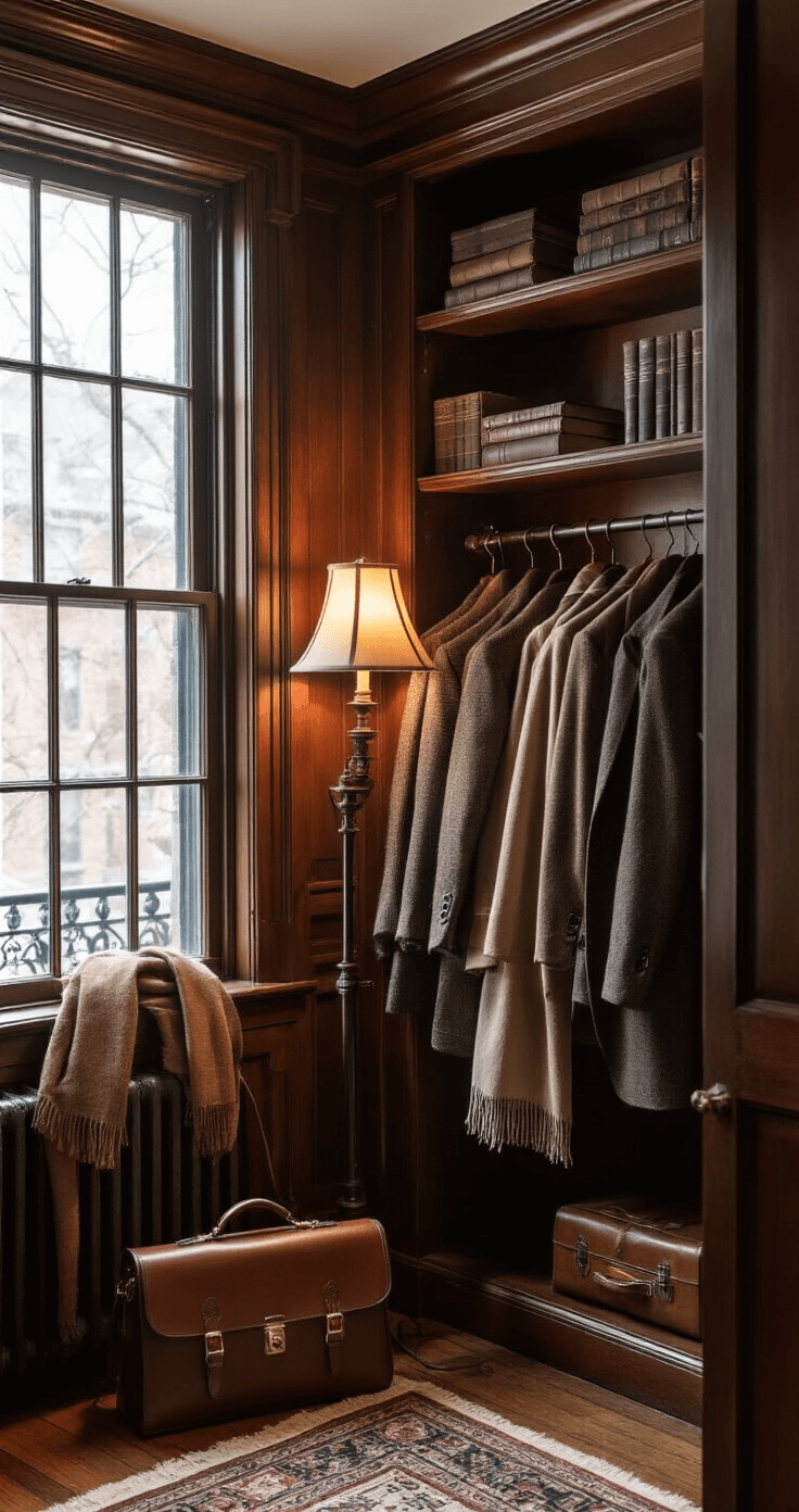 A cozy winter evening in a historic Boston brownstone study, featuring rich mahogany shelves filled with tweed blazers and wool overcoats in earth tones, warm lamp light illuminating cashmere scarves on a vintage coat rack, leather-bound books, and a classic briefcase, all captured in moody lighting that highlights texture and warmth.