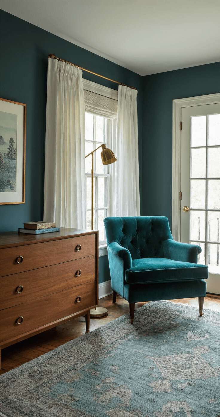 Intimate vintage-inspired bedroom with slate grey walls, deep teal velvet armchair, brass floor lamp, mid-century walnut dresser, and layered Persian rugs, warmly lit by afternoon light filtering through sheer white curtains on French doors, captured from the doorway.