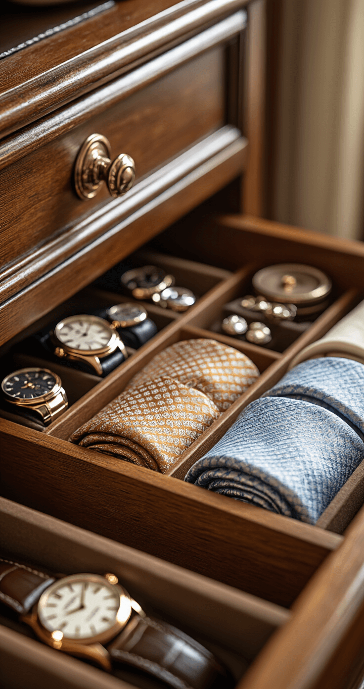Close-up of a meticulously organized wooden drawer showcasing rolled silk pocket squares and vintage cufflinks, with soft overhead lighting enhancing patterns and textures; adjacent drawers display watches and leather accessories, highlighting intricate details and craftsmanship.