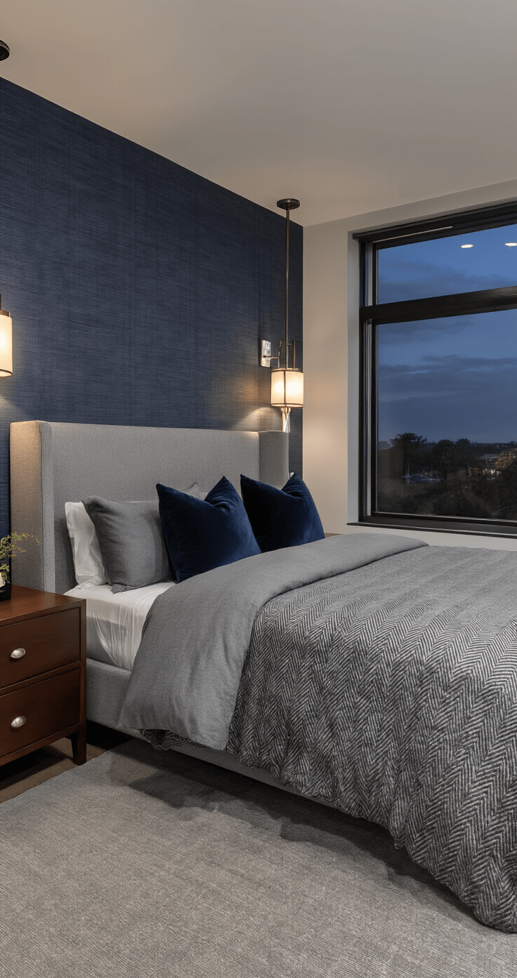 Modern masculine bedroom featuring a grey upholstered bed framed by a navy grasscloth wallpaper accent wall. The setup includes charcoal wool throws, silver grey sateen bedding, and navy velvet pillows, with brushed nickel sconces and black metal window frames. Rich mahogany side tables complement the moody ambient lighting in a dusky atmosphere.