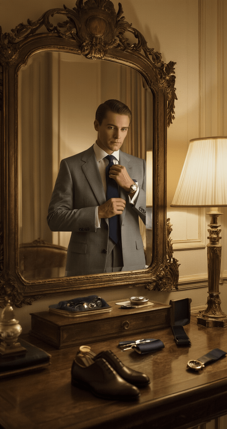 A male figure adjusts a navy silk tie in an ornate mirror while dressed in a tailored light grey suit, surrounded by antique furniture and polished leather shoes, with warm lighting highlighting the elegant details of the classic European hotel suite.