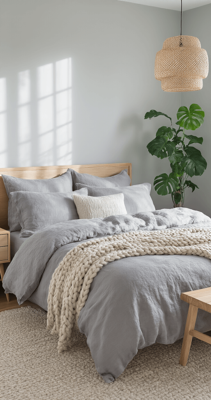 A minimalist 10x12ft bedroom featuring dove grey walls, mixed texture bedding in shades of grey, Scandinavian-style light wood furniture, a woven pendant light, and a large monstera plant, all illuminated by diffused afternoon light.