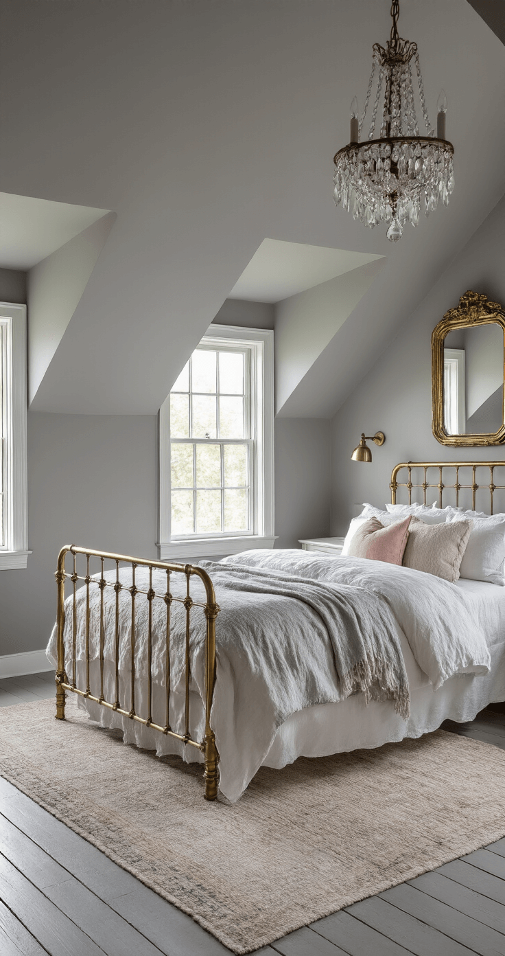 Cozy attic bedroom with sloped warm grey ceilings, vintage brass bed frame dressed in grey wool and white linen with blush accents, distressed grey wood floors, antique mirror, and crystal chandelier, all bathed in afternoon light streaming through dormer windows, captured from a low angle highlighting ceiling architecture and ambient lighting.
