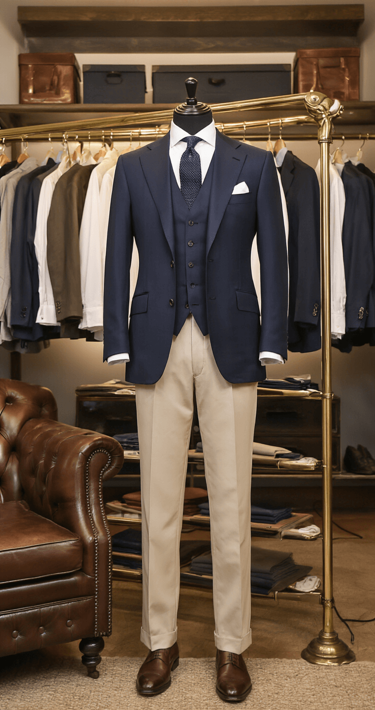 A wide shot of an upscale men's boutique showcasing a meticulously organized wardrobe with beige trousers, white shirts, and navy blazers arranged by color and style, highlighted by spotlight lighting, featuring a vintage leather club chair and brass clothing racks, emphasizing symmetry and organization.