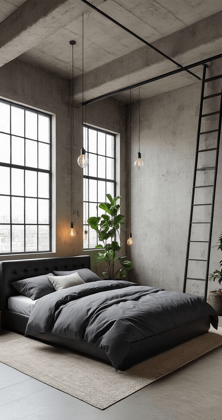 An elevated view of an industrial-chic loft bedroom featuring exposed concrete walls and high ceilings. The space includes a queen platform bed with a grey leather headboard, charcoal bedding, and silver accent pillows. Black steel windows and pendant lights enhance the industrial aesthetic, while a rolling ladder provides access to storage lofts. A potted fiddle leaf fig adds a touch of greenery, with mixed industrial and natural lighting illuminating the room.