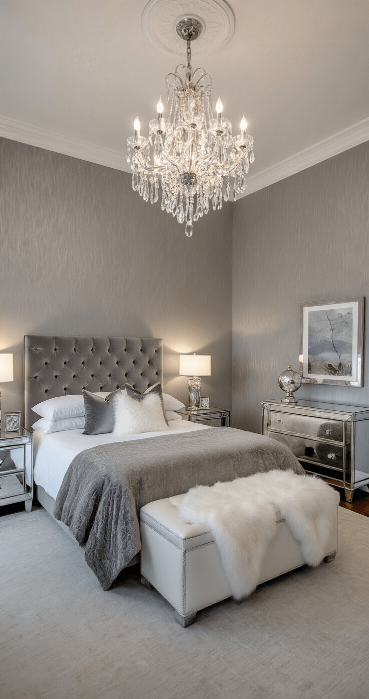 A glamorous master bedroom featuring pewter silk wallpaper, a tufted grey velvet bed frame, and a crystal chandelier, enhanced by white marble side tables, mercury glass lamps, and mirrored furniture, all adorned with ivory fur throws and metallic pillows, captured at twilight with dramatic accent lighting.
