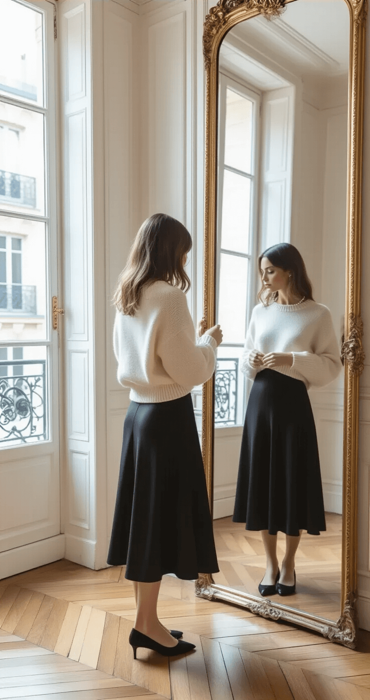 A woman in an ivory cashmere sweater and black satin midi skirt adjusts her outfit in a gilded full-length mirror, surrounded by a beautifully lit Parisian apartment with herringbone floors and floor-to-ceiling windows.