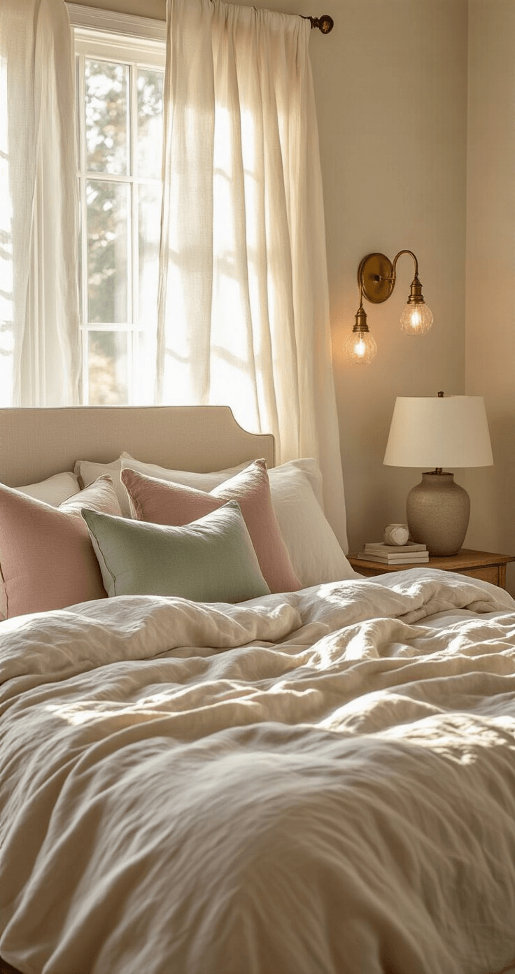 A cozy, sunlit bedroom featuring a cloud-like bed with stone-washed linen and pastel pillows, vintage brass sconces, and delicate fairy lights, all illuminated by warm natural light filtering through sheer white curtains.