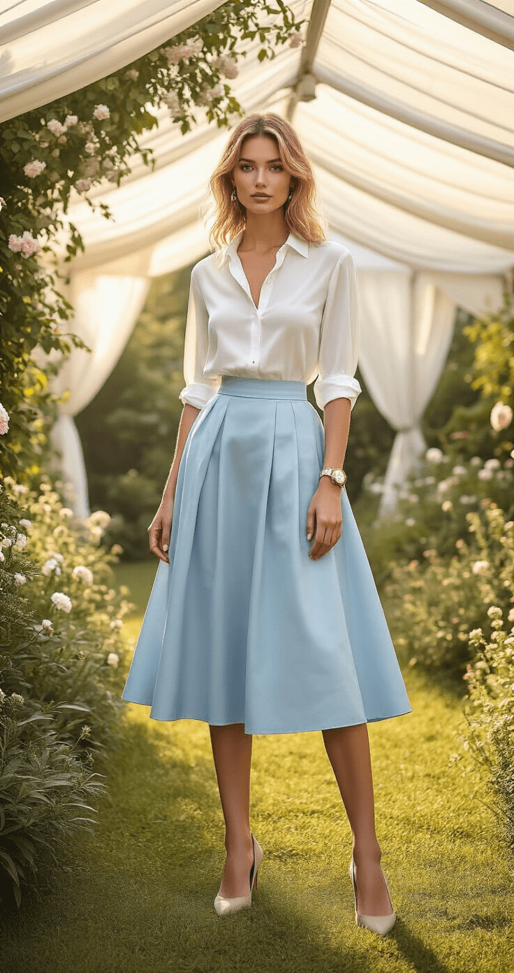 A woman in a powder blue A-line midi skirt and a white silk blouse stands under a white tent canopy at a Hamptons garden party, with warm evening light filtering through the trees, showcasing a lush garden backdrop. She wears neutral suede pumps and a vintage Cartier watch, with her sleeves rolled above the wrists. The image is captured from a three-quarter angle.