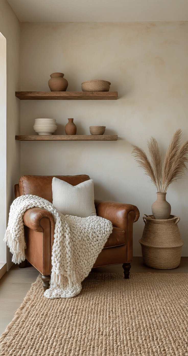 Intimate bedroom at dusk with warm ivory lime wash walls, a vintage leather armchair draped with a chunky knit throw, and a handwoven jute rug. Rustic oak shelves showcase ceramics and dried pampas grass, illuminated by a mix of natural blue hour light and warm LED accents, enhancing textures and shadows.