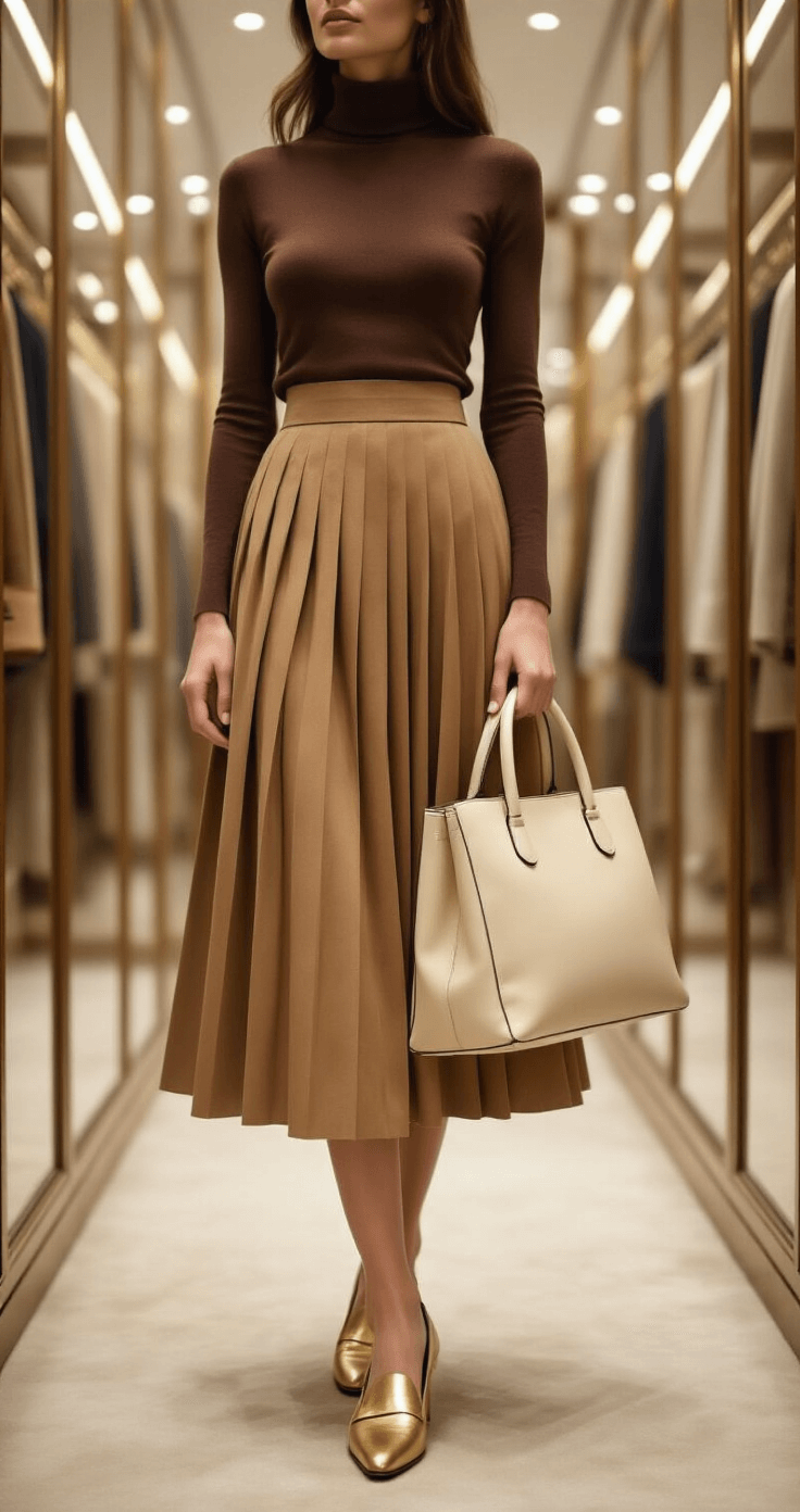 A close-up of a woman in a camel pleated wool skirt and fitted chocolate brown turtleneck, with gold loafers and a cream leather tote in a luxurious dressing room filled with light and antiqued mirrors.
