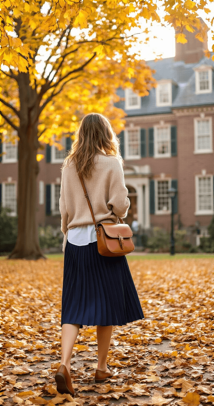 A woman walks through a historic New England university campus in autumn, dressed in a navy knife-pleated midi skirt, oatmeal cashmere sweater draped over her shoulders, and a white cotton shirt. She carries a brown leather crossbody bag and wears cognac loafers, set against a backdrop of falling leaves and warm, golden hour lighting.