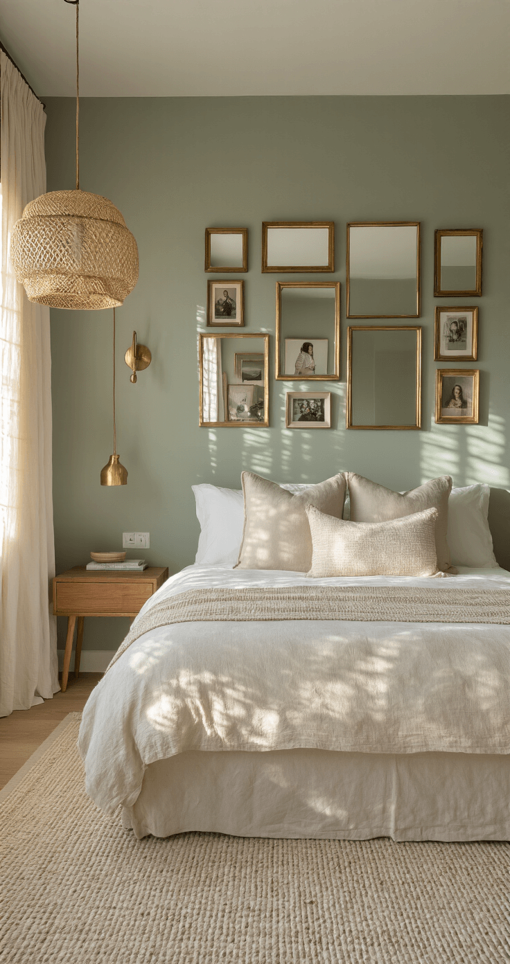 A serene bedroom featuring sage green walls and cream linen drapes, showcasing a statement wall with vintage mirrors and personal photographs in brass frames. A rattan pendant casts intricate shadows, while minimalist brass sconces and floating walnut nightstands add to the decor, all illuminated by soft morning light.