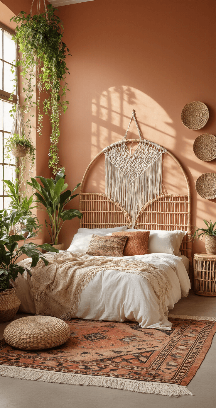 A cozy boho-inspired bedroom featuring a macramé headboard against terracotta walls, abundant cascading plants, a vintage Moroccan rug, and rattan furniture, all illuminated by soft natural light.