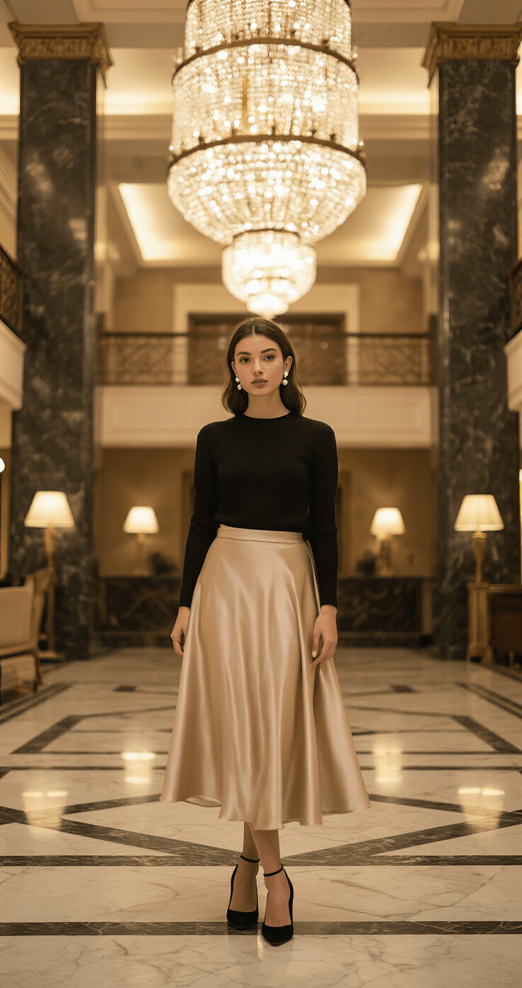 A stylish individual stands in a sophisticated hotel lobby with marble floors and art deco accents, wearing a champagne-colored satin midi skirt and a fitted black merino wool sweater, complemented by pearl drop earrings and black suede kitten heels, captured from a low angle to emphasize the architectural details and luxurious atmosphere.
