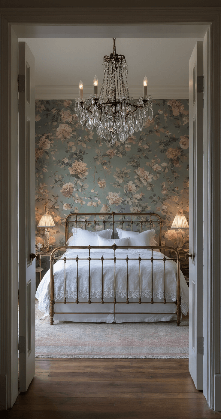 A luxurious twilight bedroom featuring vintage floral wallpaper, a crystal chandelier casting light patterns, an antique brass bed with white lace-trimmed linens, and velvet-draped French doors, captured from the doorway to highlight its depth and elegance.