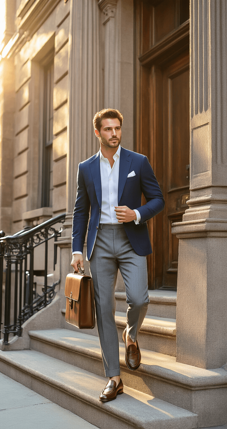 A sophisticated male model in a navy blazer and grey trousers descends limestone steps of a sunlit Manhattan brownstone, adjusting his collar, with a vintage leather briefcase beside him.
