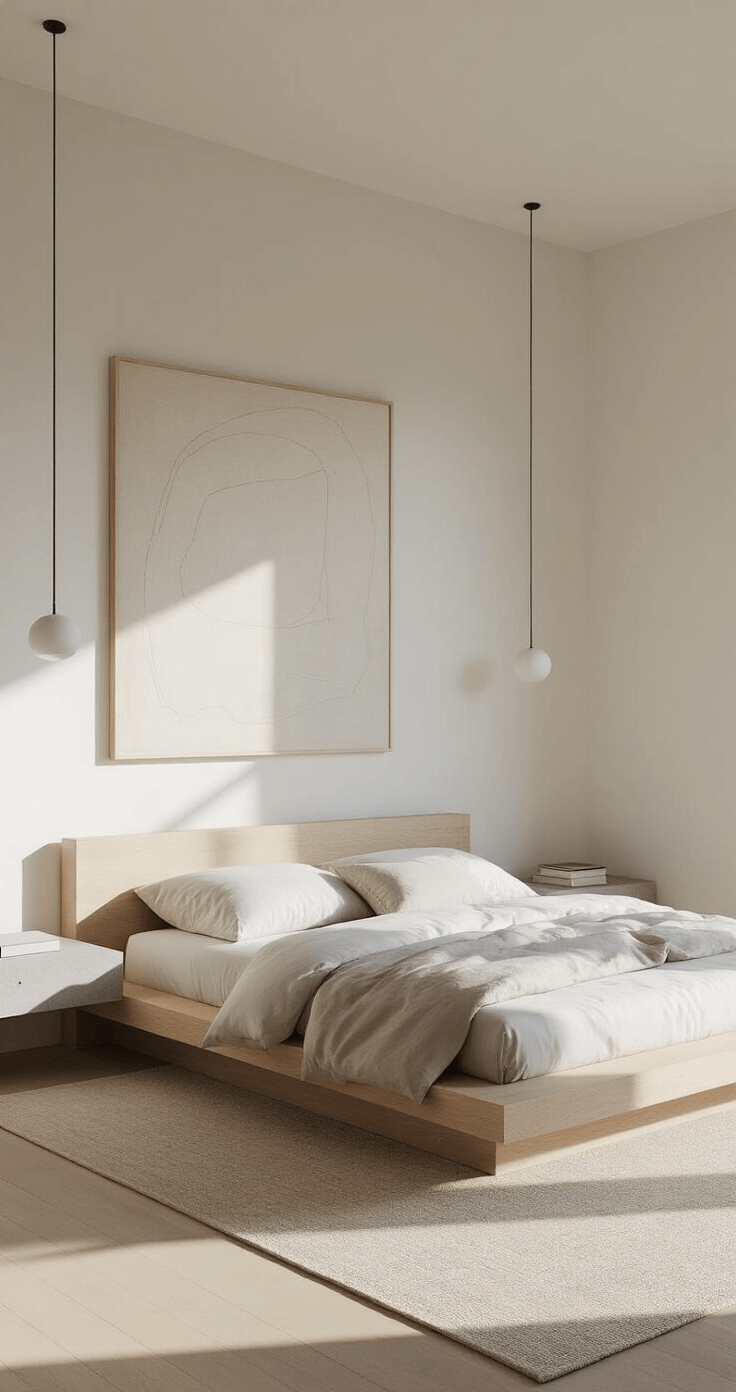 A spacious minimalist bedroom featuring a platform bed in bleached oak, floating concrete nightstands, and an architectural floor lamp, all in warm whites and light grays. The room is bathed in bright morning light, showcasing large abstract art and emphasizing clean lines and spatial flow.