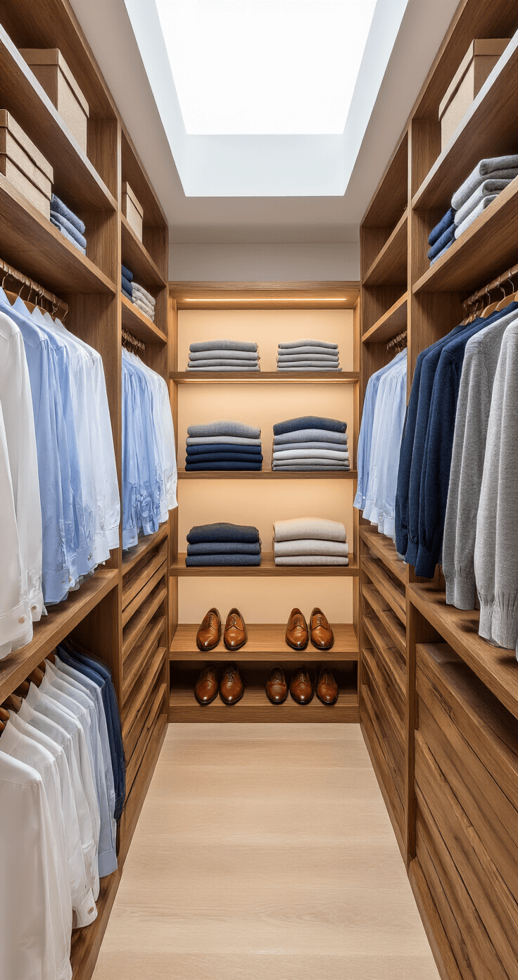 Bright and organized walk-in closet featuring floor-to-ceiling walnut wardrobes, neatly hung Oxford shirts in white and pale blue, rolled cashmere sweaters in neutral tones on illuminated shelves, and a lineup of leather dress shoes, all bathed in soft natural light from a skylight.