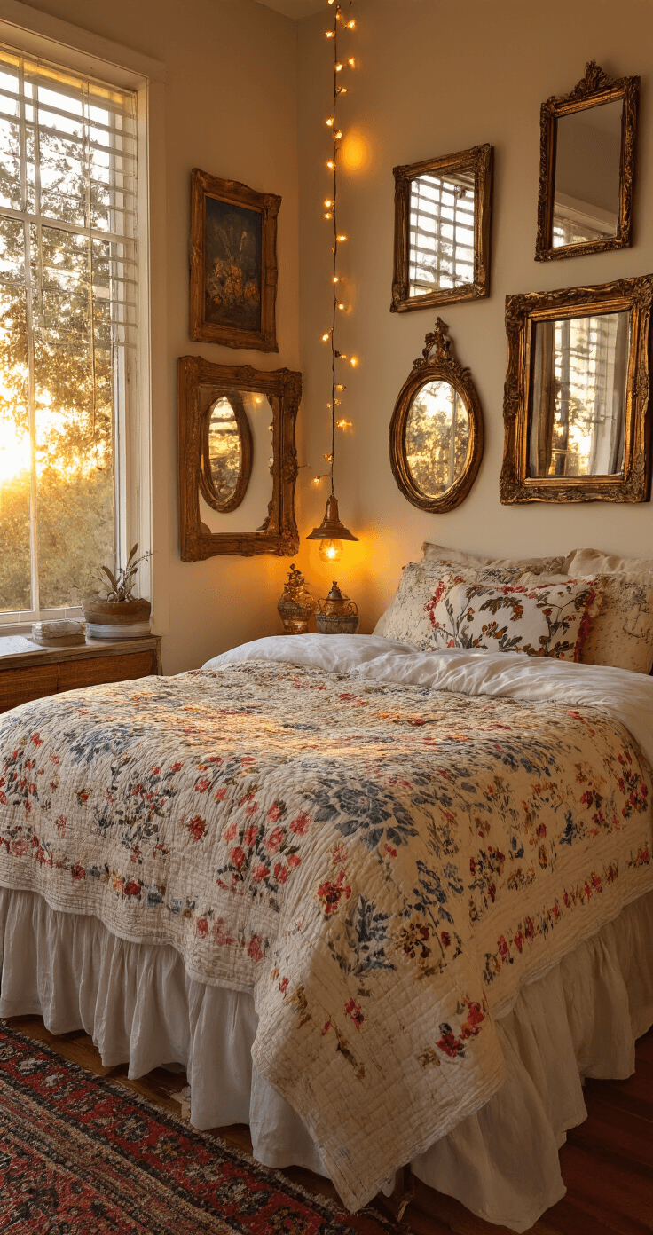 A whimsical bedroom at sunset, showcasing DIY elements like hand-painted vintage frames, upcycled brass candle holders, thrifted ceramic vessels, and warm copper string lights reflecting in mismatched mirrors. Handmade quilts adorn the bed, creating an eclectic and warm atmosphere illuminated by golden hour light and ambient sources.