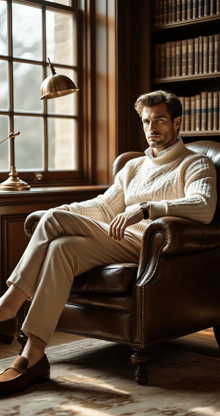 A male model sits in a leather armchair in a classic gentleman's study, wearing a cream cashmere sweater, khaki chinos, and suede loafers. Soft afternoon light filters through floor-to-ceiling windows, illuminating rich wooden bookshelves and a brass reading lamp in the background. A vintage Omega watch is visible on his wrist, with a shallow depth of field emphasizing textural details.