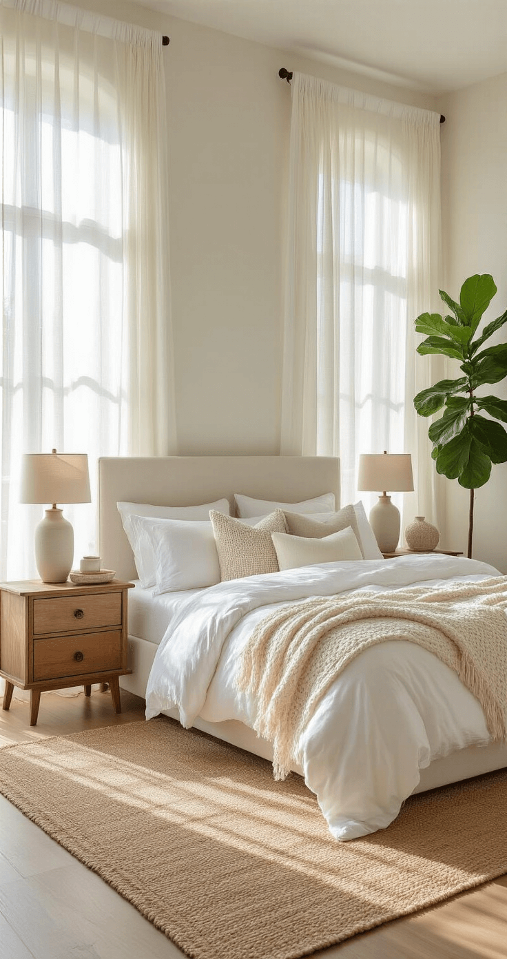 A serene white bedroom with a king-size bed adorned in layered bedding, complemented by vintage oak nightstands and ceramic lamps, all bathed in warm morning sunlight filtering through sheer linen curtains. A jute rug and a fiddle leaf fig complete the inviting atmosphere.