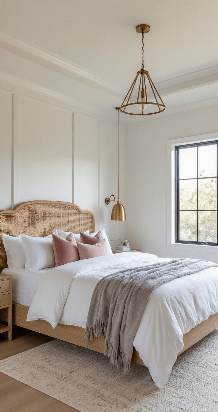Modern white primary bedroom featuring a 10ft tray ceiling with crown molding, showcasing a California king bed with a woven rattan headboard, layered with a white linen duvet, blush pink velvet pillows, and a grey cashmere blanket. A brass pendant light casts a warm glow in the golden hour, while black steel-framed windows provide contrast against the crisp walls. The wide-angle shot from the corner emphasizes the ceiling height and architectural details, creating a sophisticated yet welcoming ambiance.