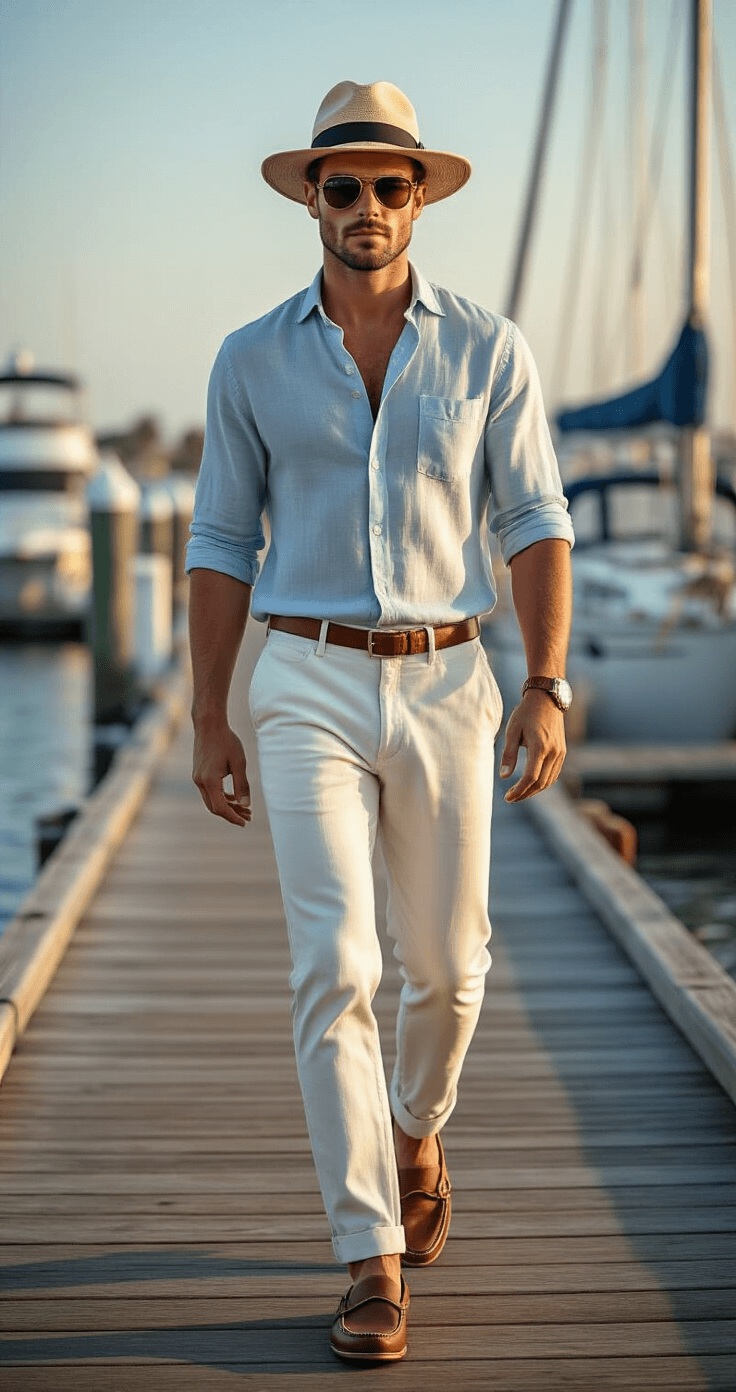 Male model strolling on a wooden dock at Newport Beach Club during sunset, dressed in a light blue linen shirt, white chinos, leather boat shoes, and a Panama hat, with vintage Ray-Ban wayfarers and a subtle leather belt, surrounded by luxury sailboats in warm golden hour lighting.