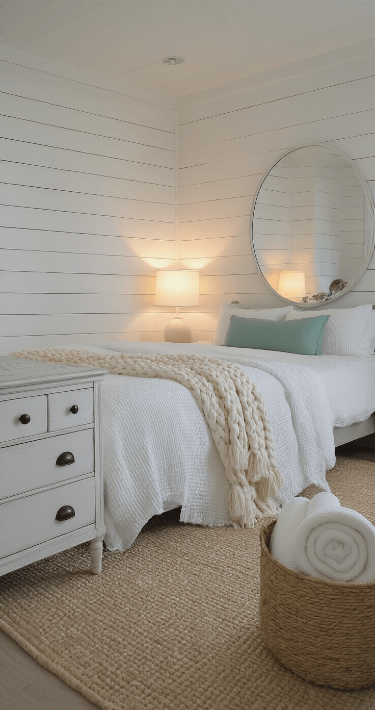 Coastal-inspired white bedroom at twilight featuring a queen bed with white waffle-weave bedding and seafoam green accent pillows, a shiplap accent wall, and a whitewashed wooden dresser with an oversized round mirror. The scene includes a seagrass basket with rolled towels and a low camera angle highlighting the texture of the shiplap and ceiling lines, creating a cozy ambiance with mixed natural and artificial lighting.