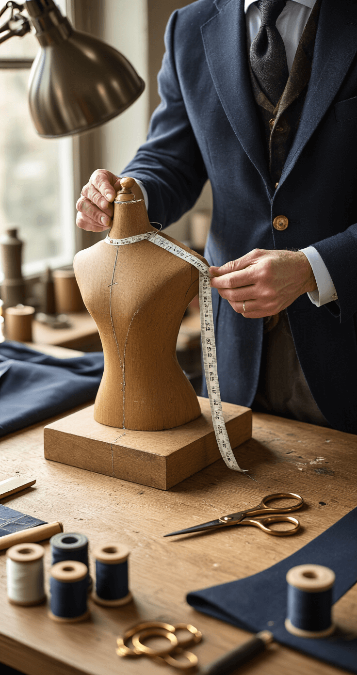 Close-up view of a master tailor measuring a navy blazer on a wooden dress form in a modern workshop, highlighting hand-stitching, horn buttons, and Loro Piana fabric texture, with artfully arranged spools of thread, measuring tape, and brass scissors on a wooden worktable, illuminated by directional natural light.