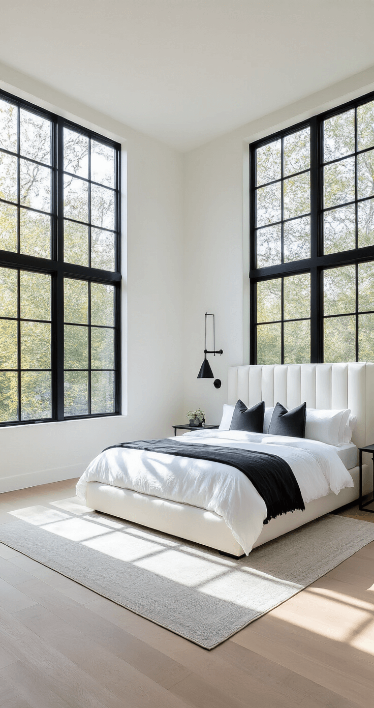 Contemporary white bedroom with black steel-framed windows casting geometric shadows on white oak flooring, featuring a platform bed with channeled white leather headboard and hotel-style bedding, minimalist black metal side tables with marble tops, captured from an elevated angle to highlight window geometry and room layout.