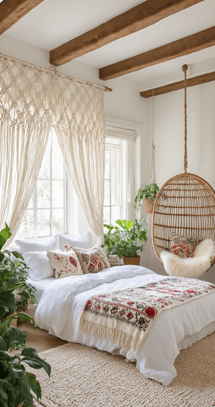 A bohemian white bedroom featuring 9ft ceilings with exposed wooden beams, natural light filtered through macramé window hangings, a low-profile bed dressed in white linen and a vintage Moroccan wedding blanket, an array of embroidered pillows, a hanging rattan chair with a sheepskin throw, and potted plants at varying heights, emphasizing texture and detail.