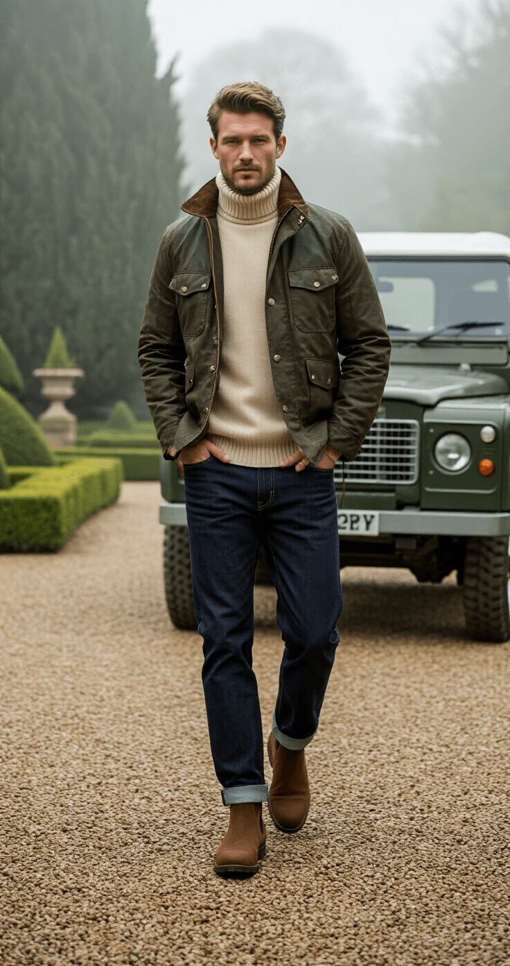 A male model walks through manicured gardens at a historic country estate, dressed in an olive waxed cotton jacket, cream rollneck sweater, dark denim, and brown suede chelsea boots. A vintage Land Rover Defender is parked in the gravel driveway in the background, all captured in the soft, misty morning light.