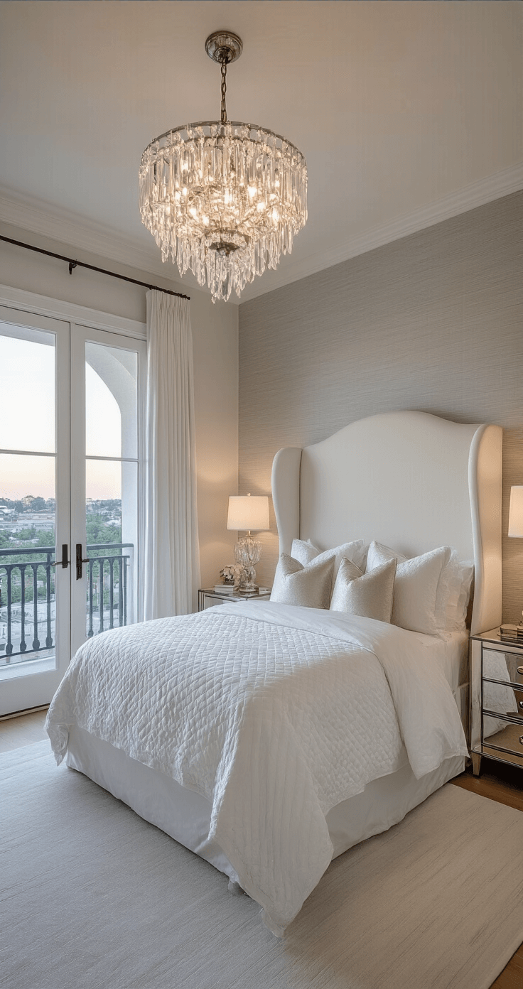 Luxe white bedroom at dusk featuring an ivory velvet upholstered wing headboard, white sateen bedding, a crystal chandelier, and French doors leading to a balcony, with a romantic and elegant atmosphere.