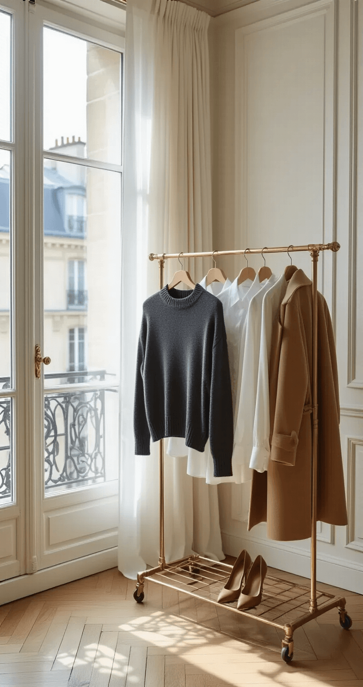 Close-up of a woman arranging her capsule wardrobe on a brass clothing rack in a light-filled Parisian apartment with herringbone floors. Featured are a charcoal cashmere sweater, white silk button-downs, and a camel wool coat, with leather pumps neatly lined below. Natural light filters through sheer curtains, highlighting rich textile textures and subtle color variations.